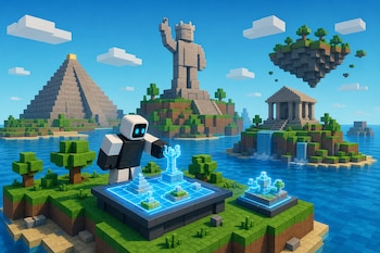 Personaje robótico de bloques frente a una mesa holográfica azul en una isla, rodeado por una pirámide, un templo y una estatua sobre el agua.