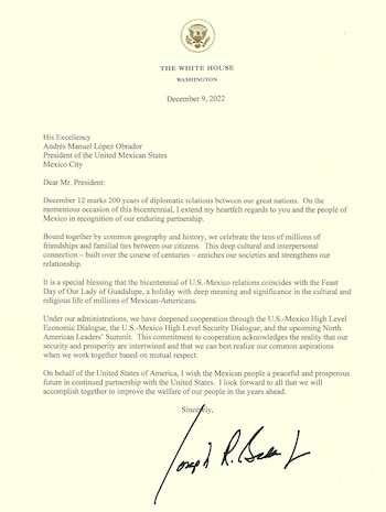 Carta de Biden a AMLO (Presidencia)