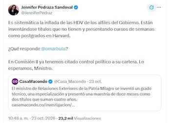 Pedraza se unió a los reparos en contra del canciller Bula, luego de que el expresidente Petro pidió que se investigue a profundidad el caso - @JenniferPedraz/X