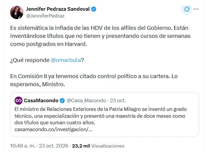 Pedraza se unió a los reparos en contra del canciller Bula, luego de que el expresidente Petro pidió que se investigue a profundidad el caso - @JenniferPedraz/X