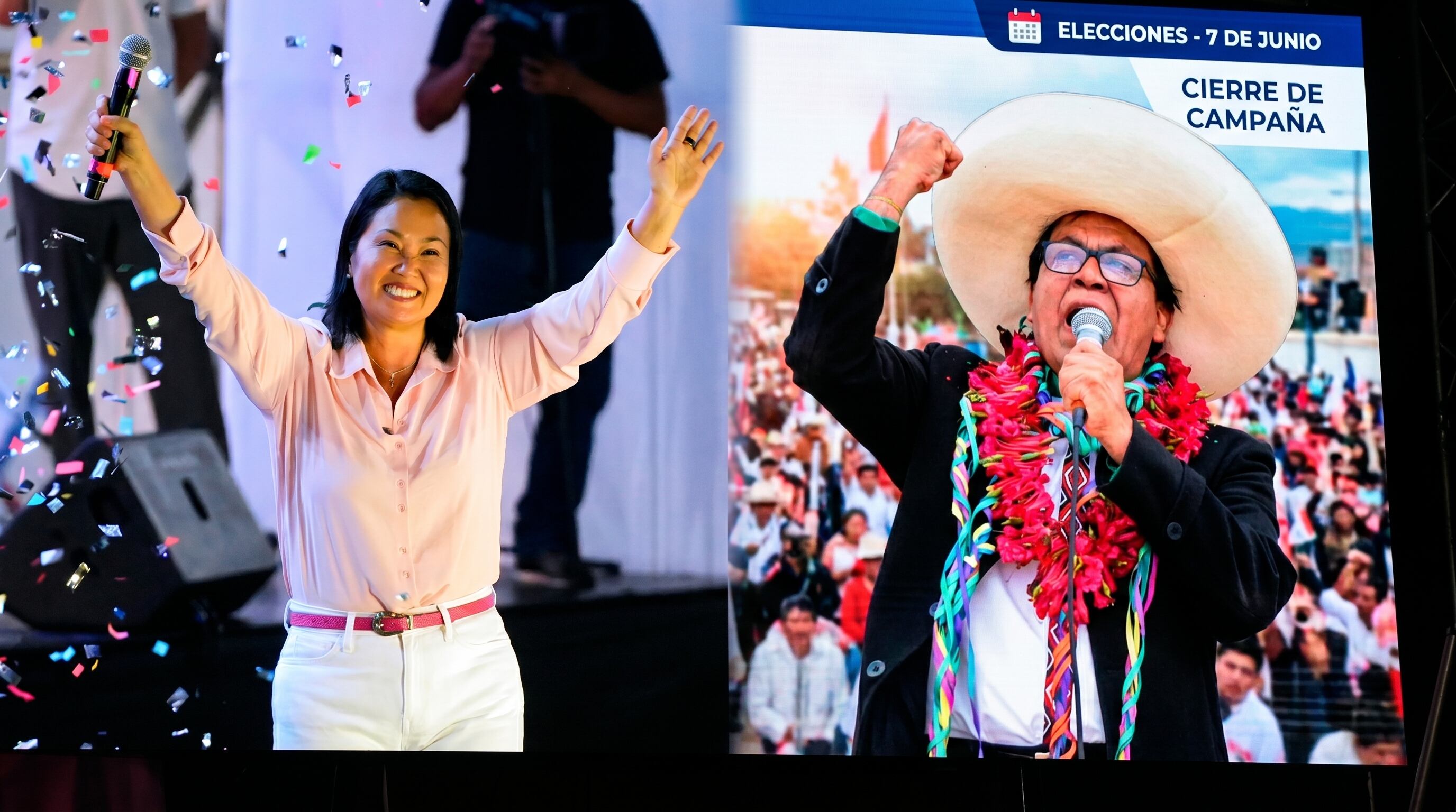 Keiko Fujimori y Roberto Sánchez en sus vibrantes cierres de campaña, movilizando a sus partidarios antes de las elecciones del 7 de junio. (Imagen Ilustrativa Infobae)