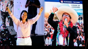 Imagen dividida mostrando a Keiko Fujimori con brazos alzados y confeti a la izquierda. A la derecha, Roberto Sánchez con sombrero y micrófono en un cierre de campaña.