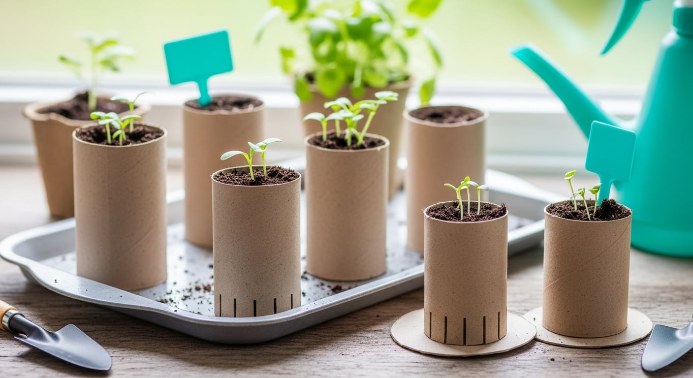 Pequeños brotes de plantas crecen en semilleros improvisados hechos con rollos de cartón de papel higiénico, demostrando una práctica sostenible de jardinería doméstica. (Imagen Ilustrativa Infobae)