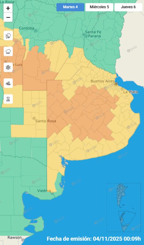 Alerta naranja emitida por el Servicio Meteorológico Nacional (Foto: SMN)