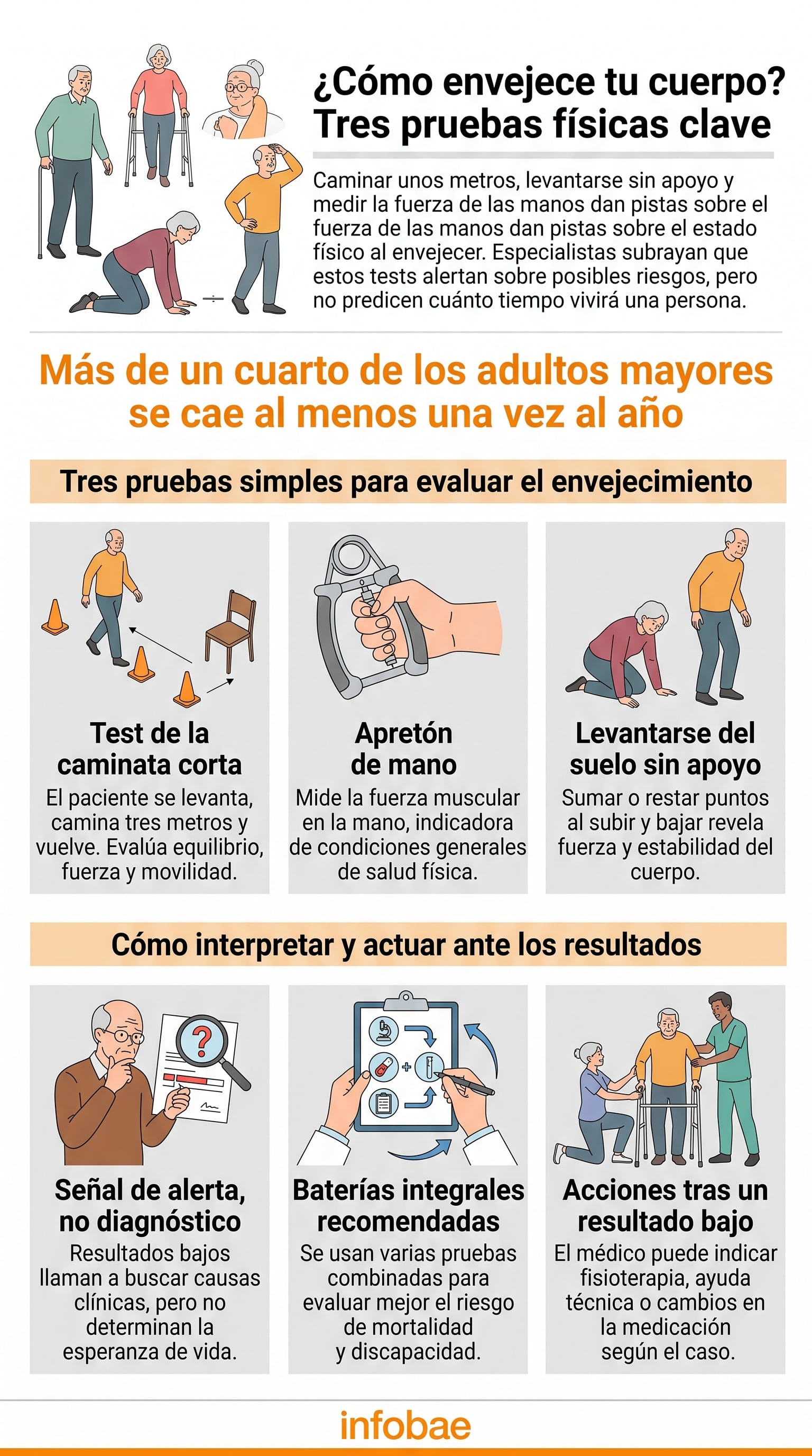 Una infografía de Infobae detalla tres evaluaciones físicas utilizadas para medir la movilidad y la fuerza muscular en adultos mayores (Imagen Ilustrativa Infobae)
