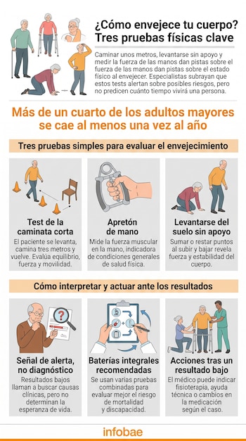 Infografía con esquemas de adultos mayores realizando ejercicios de marcha, presión con las manos y levantamiento.