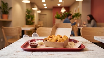 Una caja de cartón con nuggets de pollo frito, dos recipientes de salsa y un tenedor de madera sobre una bandeja roja.