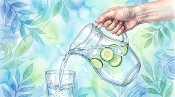 Mano vierte agua con pepino y hielo de jarra transparente a vaso de vidrio. Fondo acuarela azul y verde con hojas y círculos.