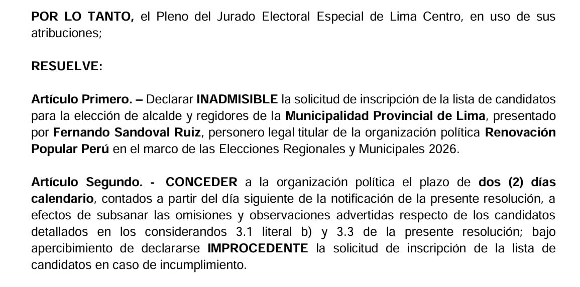 El Jurado Electoral Especial de Lima Centro declara inadmisible la lista de candidatos de Renovación Popular para la Municipalidad Provincial de Lima en las Elecciones 2026.