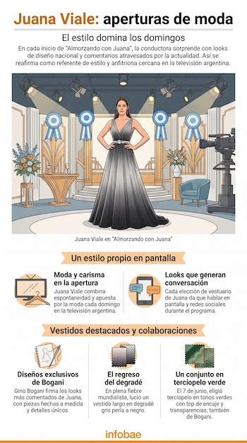 Para el amuerzo de este domingo, Juana Viale volvió a apostar por el talento de Gino Bogani y lució uno de sus diseños