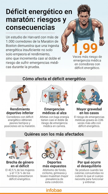 Infografía con ilustraciones y datos estadísticos sobre los efectos del déficit energético en los atletas de alto rendimiento.
