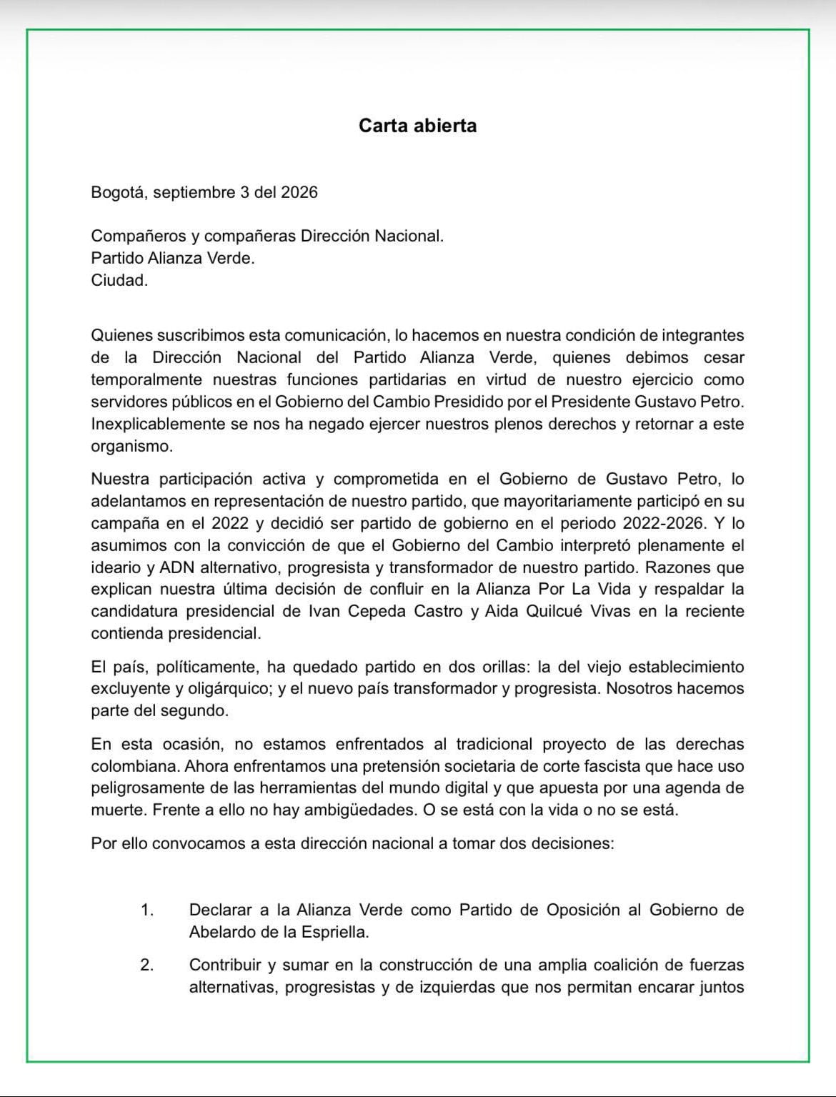 Los firmantes describieron el escenario político colombiano está dividido en dos orillas: la del viejo establecimiento excluyente y oligárquico; y el nuevo país transformador y progresista - crédito Alianza Verde