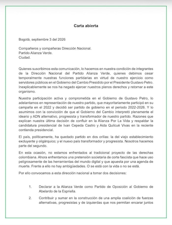 Los firmantes describieron el escenario político colombiano está dividido en dos orillas: la del viejo establecimiento excluyente y oligárquico; y el nuevo país transformador y progresista - crédito Alianza Verde