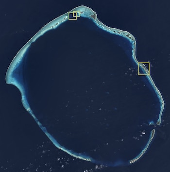 La visión completa del Atolón donde se marca la isla Runit donde esta la famosa Cúpula (Foto: AP)