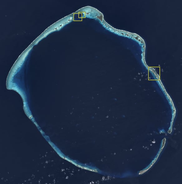 La visión completa del Atolón donde se marca la isla Runit donde esta la famosa Cúpula (Foto: AP)