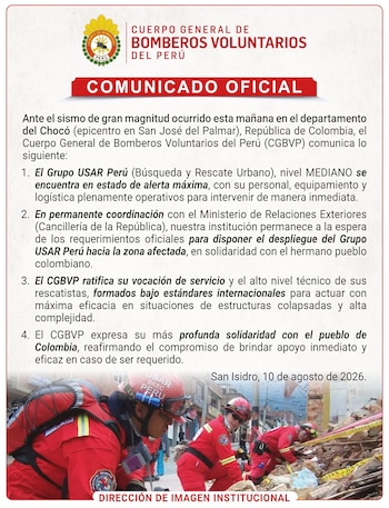 Logo de Bomberos del Perú, texto de comunicado oficial y foto de tres rescatistas USAR con uniformes rojos entre escombros con cinta amarilla