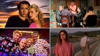 Collage de cuatro escenas: una pareja de cine, un grupo de actores teatrales, cuatro músicos sonrientes y dos figuras en una carretera con montañas