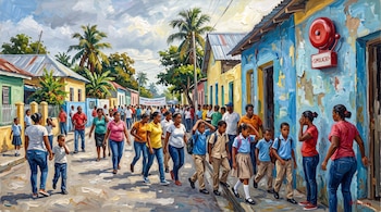 Pintura al óleo de una calle con personas y escolares caminando frente a casas coloridas y una alarma roja con la palabra SIMULACRO.