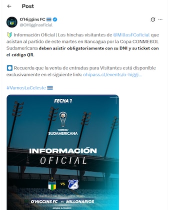 O'Higgins advirtió a los hinchas de Millonarios sobre los documentos indispensables para el ingreso al estadio en el partido de Copa Sudamericana - crédito O'Higgins