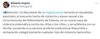El Secretario de Integración Social de Bogotá, Roberto Angulo, se refirió a este dramático hecho, en el que menciona como el fenómeno de la violencia contra el infante no pierde fuerza en el país - crédito @RobertoAnguloS/X