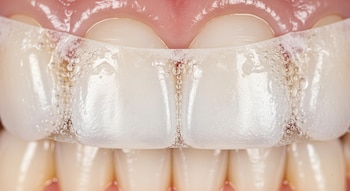 Una tira blanqueadora transparente y blanca con burbujas de una solución se aplica a los dientes frontales superiores, mostrando encías rosadas.