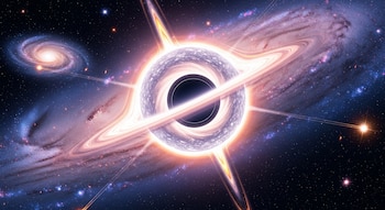 Ilustración de un agujero negro central con un brillante disco de acreción y chorros de energía. Múltiples galaxias espirales y estrellas se distribuyen en el espacio.
