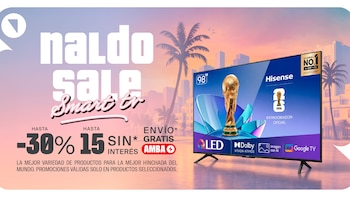 Póster de Naldo con texto 'Naldo Sale Smart tv', un televisor Hisense de 98 pulgadas con imagen de la Copa del Mundo FIFA. Texto de descuentos y envío gratuito
