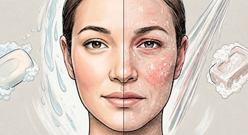 Ilustración detallada de un rostro dividido verticalmente; un lado tiene piel sana, el otro está rojo, seco y con escamas, con jabones y agua