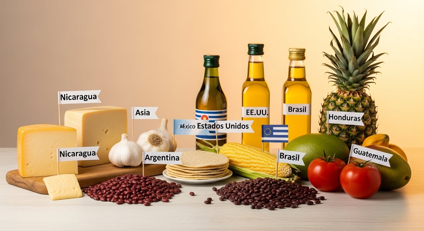 Un bodegón editorial exhibe una variedad de productos alimenticios como quesos, ajo, tortillas, frijoles, aceites y frutas, cada uno identificado con banderas de papel que indican su país de origen, destacando la interconexión del comercio global. (Imagen Ilustrativa Infobae)