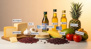 Bodegón gastronómico con quesos, ajo, tortillas, frijoles, aceites, piña, mangos y tomates sobre una mesa de madera clara, todos con banderas de origen.