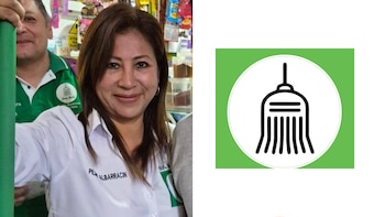 María del Pilar Albarracín viste una camisa blanca con su nombre, junto al símbolo de una escoba dentro de un círculo blanco