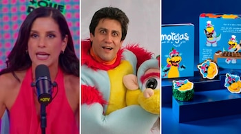 María Pía Copello habla en un micrófono, Ricardo Bonilla con disfraz de Timoteo y un muñeco, y cajas de ‘Timotejas’ con dulces de dragón.