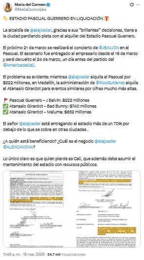 La concejala Maria del Carmen Londoñoacusó a la Alcaldía de Cali de generar un detrimento patrimonial con el uso del Pascual Guerrero para conciertos, debido al monto por el que se alquila el reciento para tal fin - crédito @MariaCconcejala/X