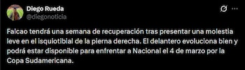Falcao solo necesitaría una semana