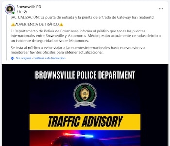Mensaje de la Policía de Brownsville tras los hechos de violencia en Matamoros. Crédito: Facebook - Brownsville PD
