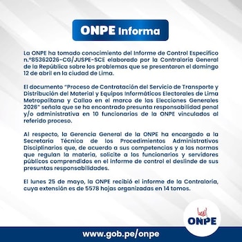 Una imagen digital que muestra un comunicado oficial de la ONPE en español, titulado "ONPE Informa", con texto sobre acciones disciplinarias y el logo de la ONPE