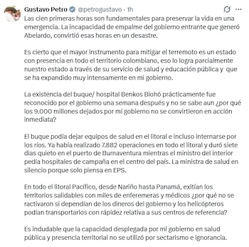 El expresidente de la República sostuvo que también hubo rechazo a la ayuda internacional y que esa combinación cobró centenares de vidas - crédito @petrogustavo/X
