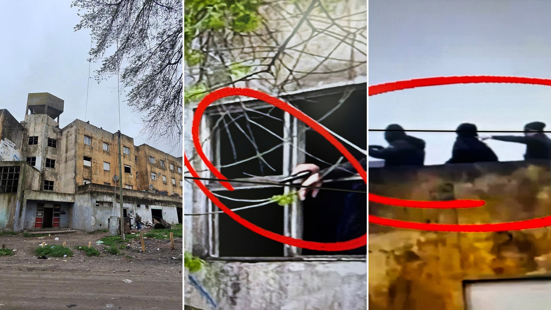 Integrantes de la banda armados en el interior y las terrazas de las torres