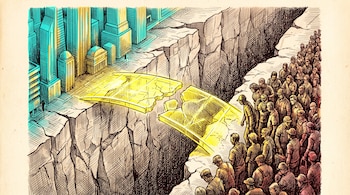 Ilustración a tinta de un abismo con un puente amarillo roto entre una ciudad iluminada de azul y una multitud de personas.
