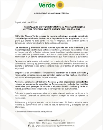 La Alianza Verde rechazó el atentado y condenó los intentos de silenciar a mujeres que participan activamente en la política del Magdalena - crédito Alianza Verde