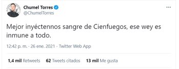 Tuit del Youtuber Chumel Torres