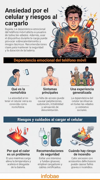 Infografía. Hombre ansioso con celular en llamas y cables. Seis escenas: nomofobia, hombre con dolor, grupo con celulares, teléfono caliente, cargador, teléfono incendiado. Logo Infobae.