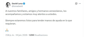 David Luna aseguró que los colombianos están dispuestos a brindar acompañamiento a los venezolanos que resultaron afectados - crédito @lunadavid/X