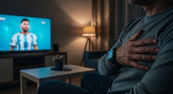 Primer plano de un hombre con su mano en el pecho y un reloj inteligente mostrando pulso alto, viendo fútbol en televisión con un jugador de Argentina.