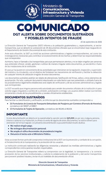 Documento impreso con el escudo de Guatemala y el logotipo del Ministerio de Comunicaciones en el encabezado sobre fondo blanco