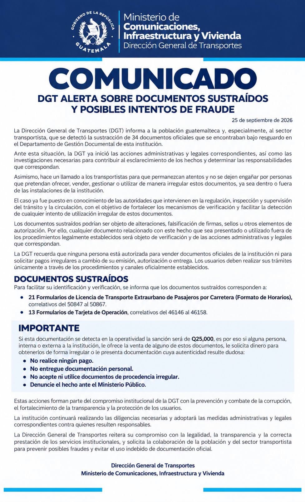 Un comunicado de la Dirección General de Transportes de Guatemala informa sobre la sustracción de 34 formularios oficiales y advierte sobre sanciones por su uso irregular. (Ministerio de Comunicaciones, Infraestructura y Vivienda)