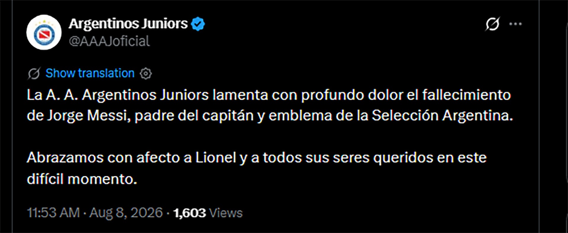Mensajes por el fallecimiento de Jorge Messi