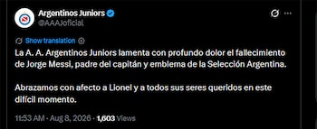 Captura de pantalla de un tuit de la cuenta verificada de Argentinos Juniors lamentando el fallecimiento de Jorge Messi. Incluye fecha y número de vistas