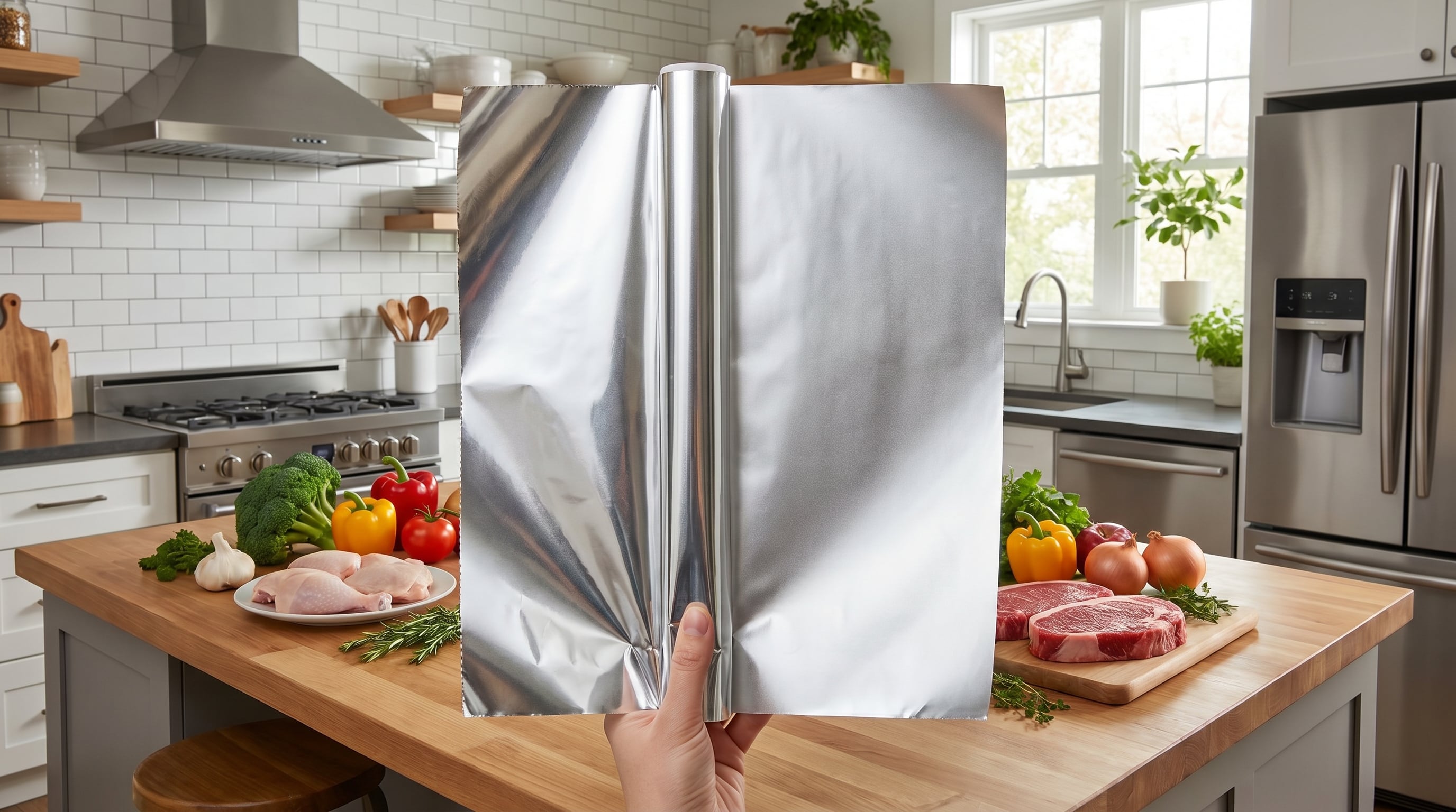 Una mano sostiene una hoja de papel de aluminio mostrando sus lados brillante y mate, rodeada de ingredientes frescos como carne y verduras en una cocina moderna, lista para cocinar. (Imagen Ilustrativa Infobae)