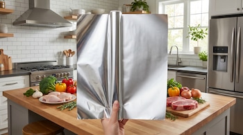 Una mano sostiene papel de aluminio abierto mostrando sus caras brillante y mate, con pollo, carne, verduras y hierbas sobre una encimera de madera en una cocina moderna.